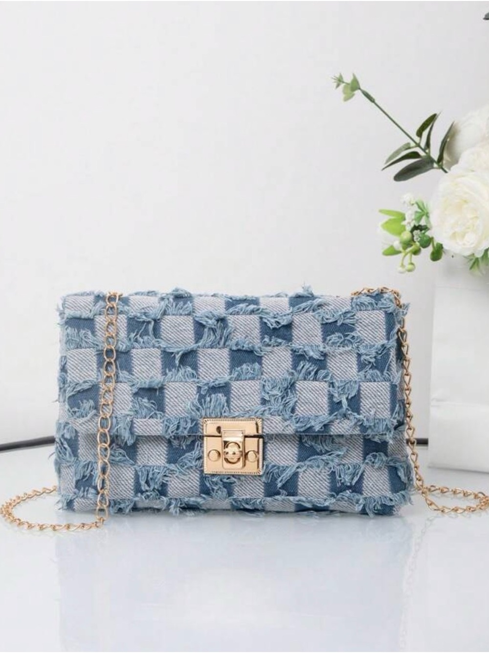 Frayed Light Blue Woven Denim Crossbody Bag with Gold Chain
